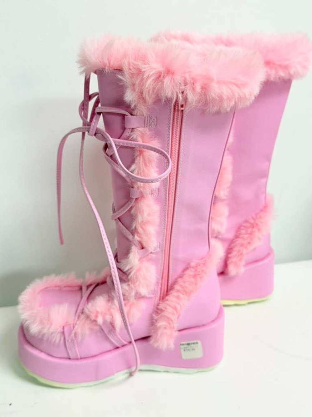 Pink Faux Fur Platform Lace-Up Boots